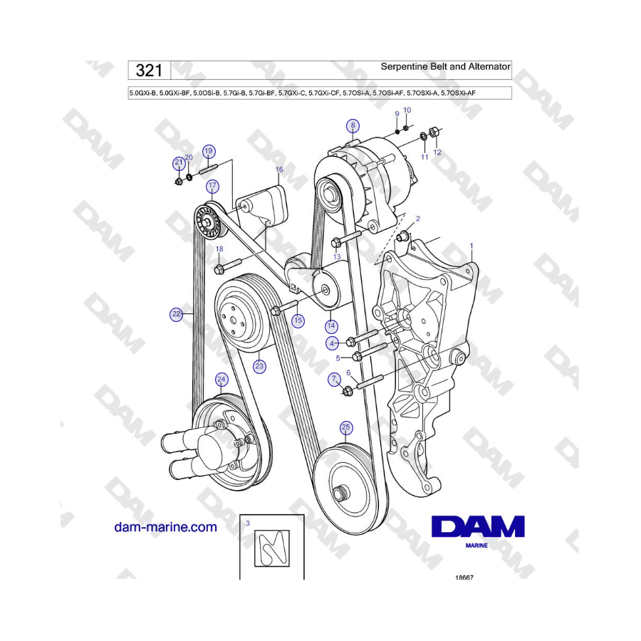 Volvo Penta 5.7Gi-B, 5.7Gi-BF, 5.7GXi-C, 5.7GXi-CF - Cinghia serpentina e alternatore
