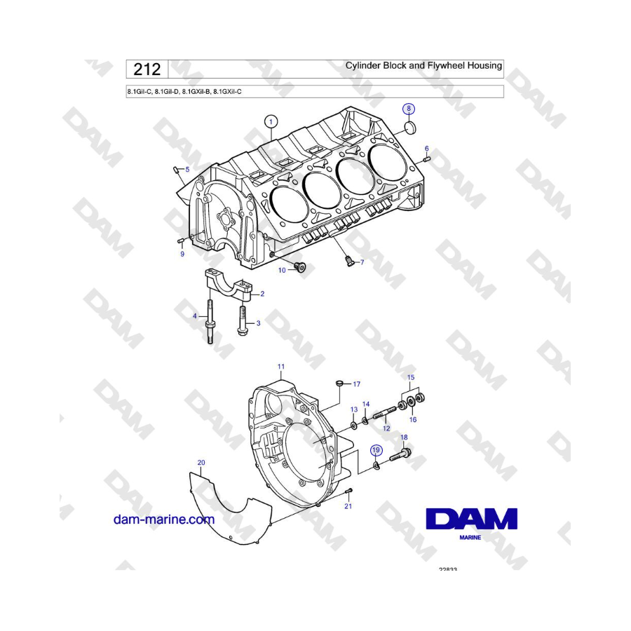 Volvo Penta 8.1GiI-C, 8.1GiI-D, 8.1GXiI-B, 8.1GXiI-C - Cylinder Block and Flywheel Housing 