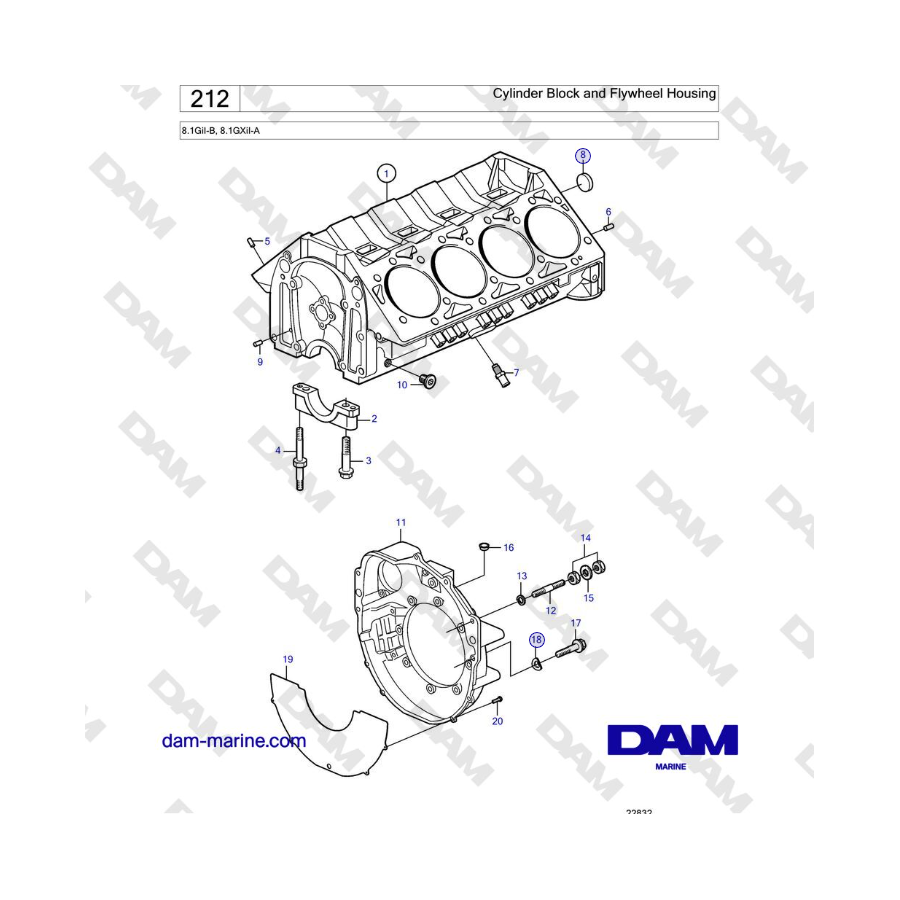 Volvo Penta 8.1GiI-B, 8.1GXiI-A - Bloque de cilindros y carcasa del volante