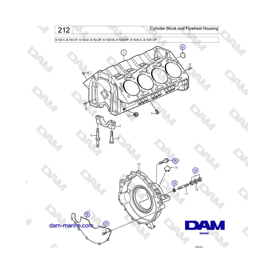 Volvo Penta 8.1Gi-C, 8.1Gi-CF, 8.1Gi-D, 8.1Gi-DF, 8.1GXi-B, 8.1GXi-BF, 8.1GXi-C, 8.1GXi-CF - Bloque de cilindros y carcasa del v