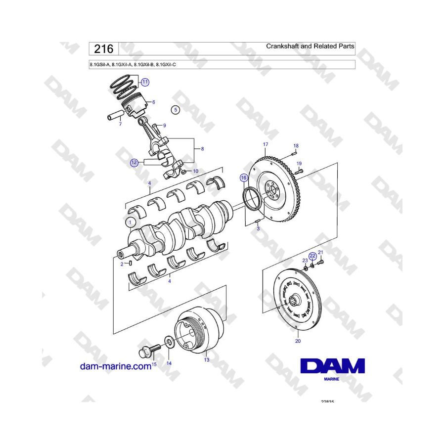 Volvo Penta 8.1GSiI-A, 8.1GXiI-A, 8.1GXiI-B, 8.1GXiI-C - Cigüeñal y piezas relacionadas