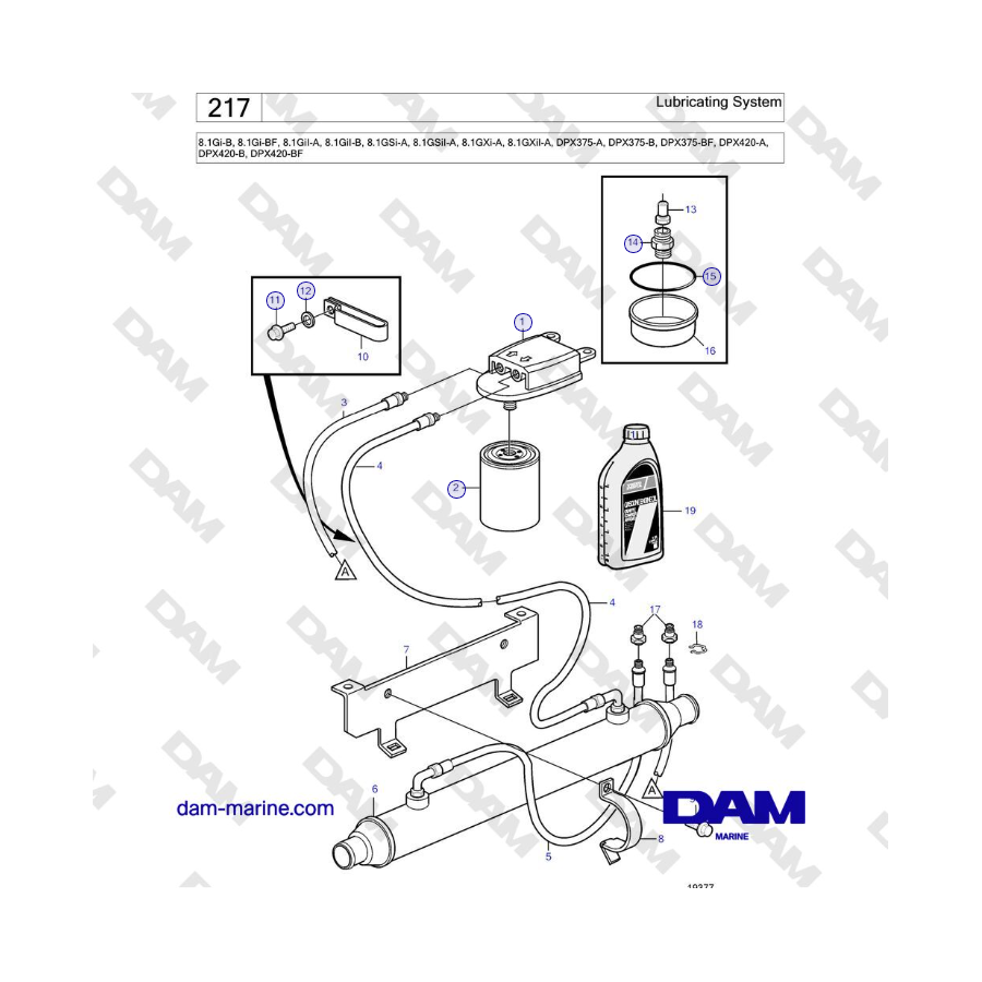 Sistema de lubricación de Volvo Penta 8.1Gi-B, 8.1Gi-BF, 8.1GiI-A, 8.1GiI-B, 8.1GSi-A, 8.1GSiI-A, 8.1GXi-A, 8.1GXiI-A