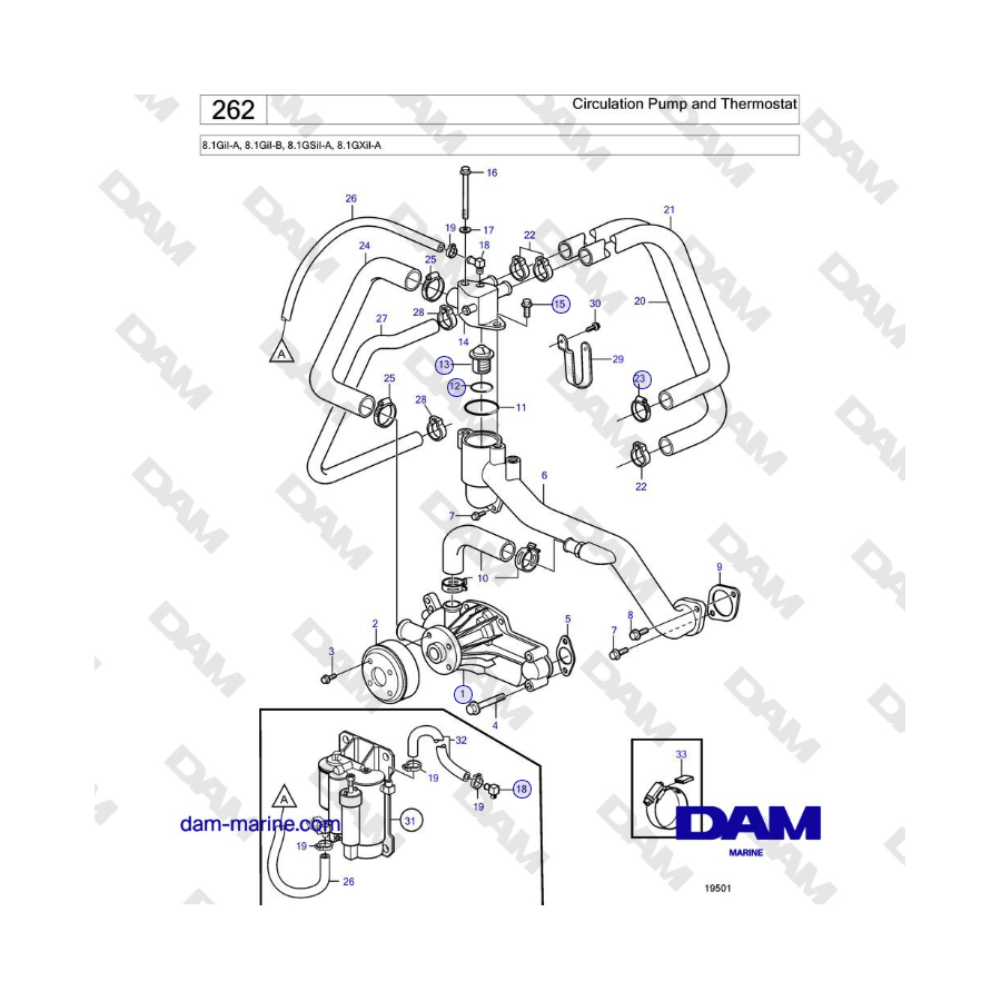 Volvo Penta 8.1GiI-A, 8.1GiI-B, 8.1GSiI-A, 8.1GXiI-A - Bomba de circulación y termostato 