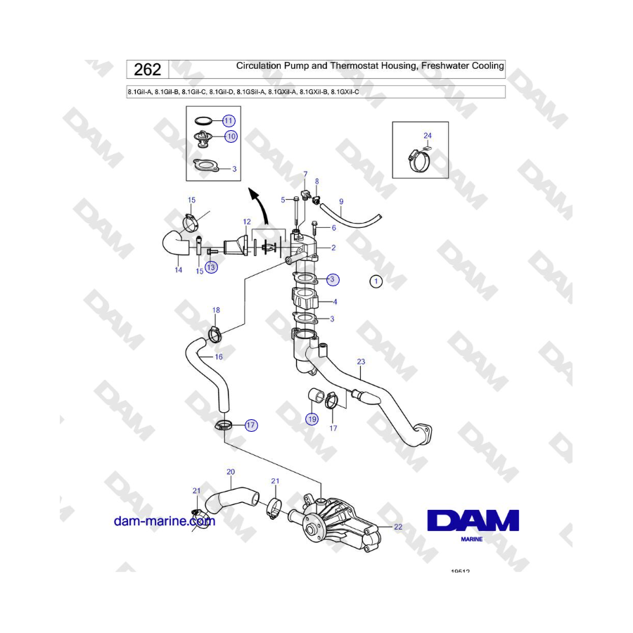 Volvo Penta 8.1GiI-A, 8.1GiI-B, 8.1GiI-C, 8.1GiI-D - Circulation Pump and Thermostat Housing, Freshwater Cooling 
