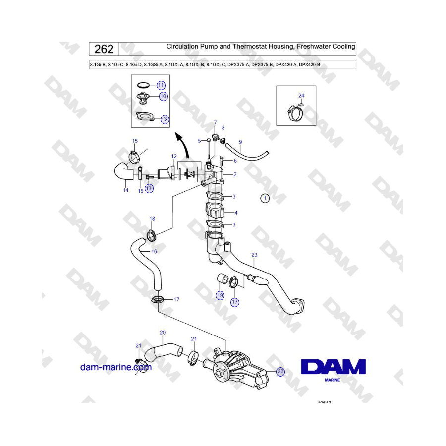 Volvo Penta 8.1Gi-B, 8.1Gi-C, 8.1Gi-D, 8.1GSi-A, 8.1GXi-A, 8.1GXi-B, 8.1GXi-C - Bomba de circulación y carcasa del termostato