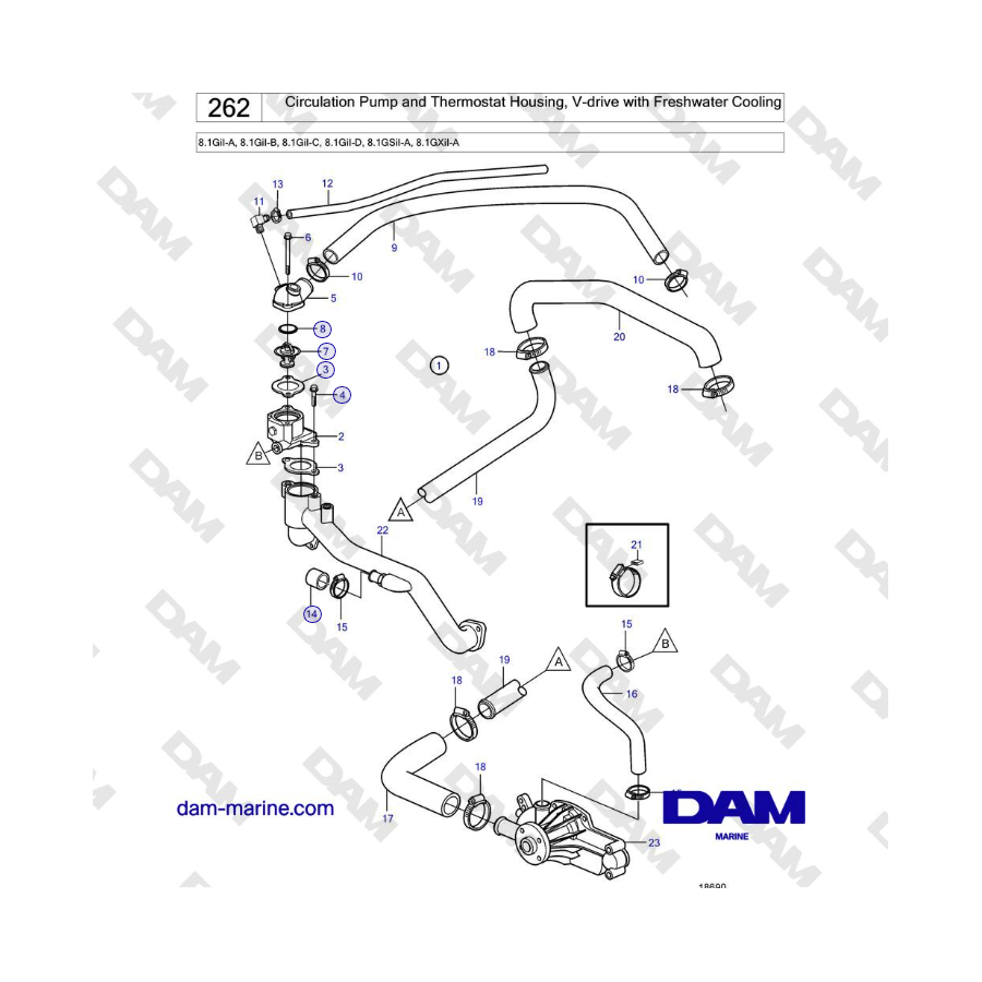 Volvo Penta 8.1GiI-A, 8.1GiI-B, 8.1GiI-C, 8.1GiI-D, 8.1GSiI-A, 8.1GXiI-A - Pompa di circolazione e alloggiamento del termostato