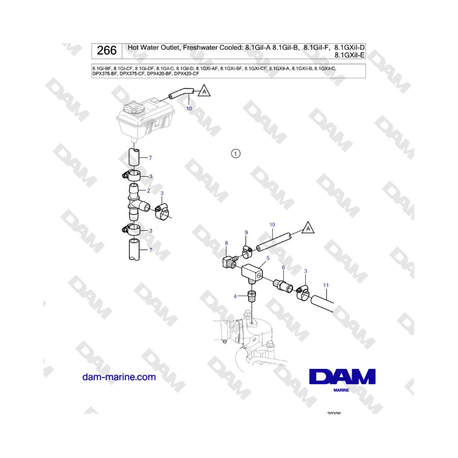 Volvo Penta 8.1Gi-BF, 8.1Gi-CF, 8.1Gi-DF, 8.1GiI-C, 8.1GiI-D, 8.1GXi-AF, 8.1GXi-BF - Uscita acqua calda, Raffreddato ad acqua do