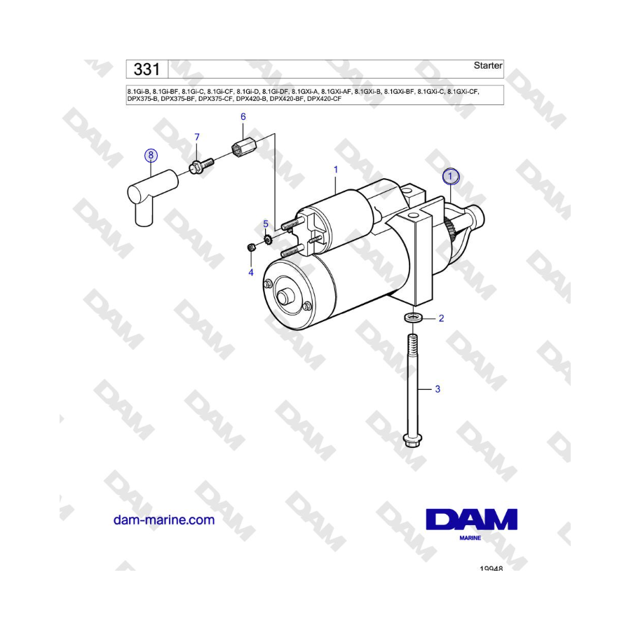 Volvo Penta 8.1Gi-B, 8.1Gi-BF, 8.1Gi-C, 8.1Gi-CF, 8.1Gi-D, 8.1Gi-DF, 8.1GXi-A, 8.1GXi-B, 8.1GXi-C - Motorino di avviamento