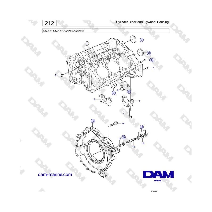 Volvo Penta 4.3GXi-C, 4.3GXi-CF, 4.3GXi-D, 4.3GXi-DF - Bloque de cilindros y carcasa del volante