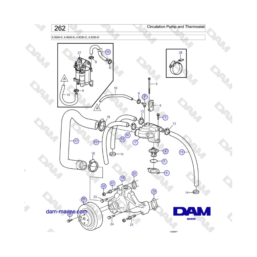 Volvo Penta 4.3GXi-C, 4.3GXi-D, 4.3OSi-C, 4.3OSi-D - Pompa di circolazione e termostato