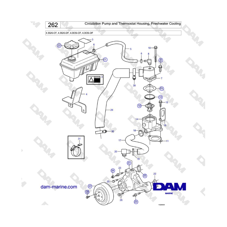 Volvo Penta 4.3GXi-CF, 4.3GXi-DF, 4.3OSi-CF, 4.3OSi-DF - Pompa di circolazione e alloggiamento termostato, raffreddamento ad acq