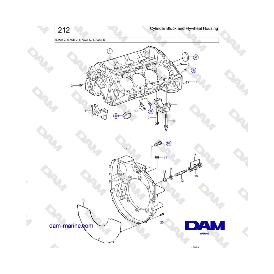 Volvo Penta 5.7GiI-C, 5.7GiI-D, 5.7GXiI-D, 5.7GXiI-E - Blocco cilindri e alloggiamento volano  