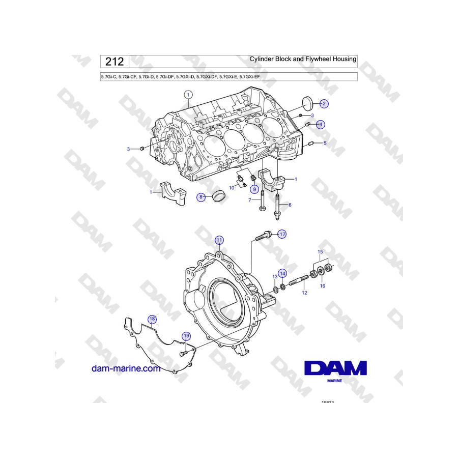 Volvo Penta 5.7GXi-E, 5.7GXi-EF - Bloque de cilindros y carcasa del volante