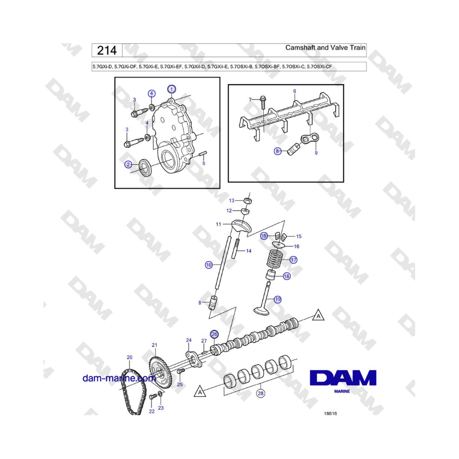 Volvo Penta 5.7GXi-E, 5.7GXi-EF, 5.7GXiI-D, 5.7GXiI-E - Albero a camme e gruppo valvole