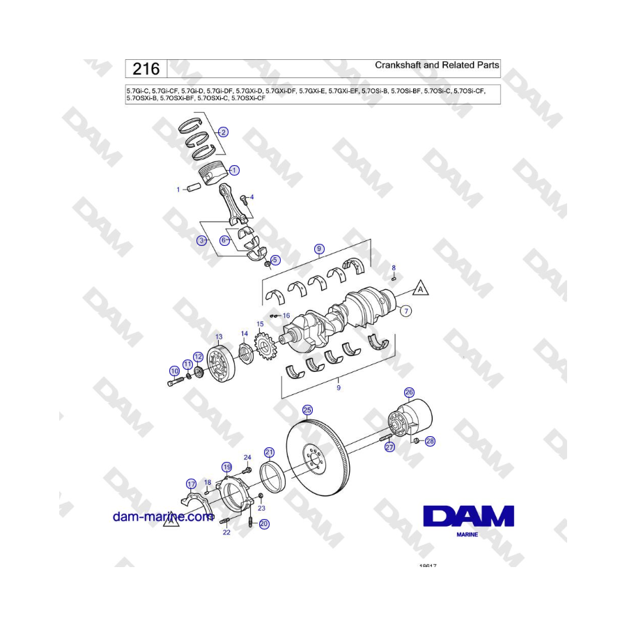 Volvo Penta 5.7GXi-D, 5.7GXi-DF, 5.7GXi-E, 5.7GXi-EF - Cigüeñal y piezas relacionadas 