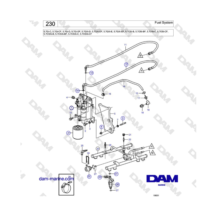 Volvo Penta 5.7Gi-C, 5.7Gi-CF, 5.7Gi-D, 5.7Gi-DF, 5.7GXi-D, 5.7GXi-DF, 5.7GXi-E, 5.7GXi-EF - Fuel System