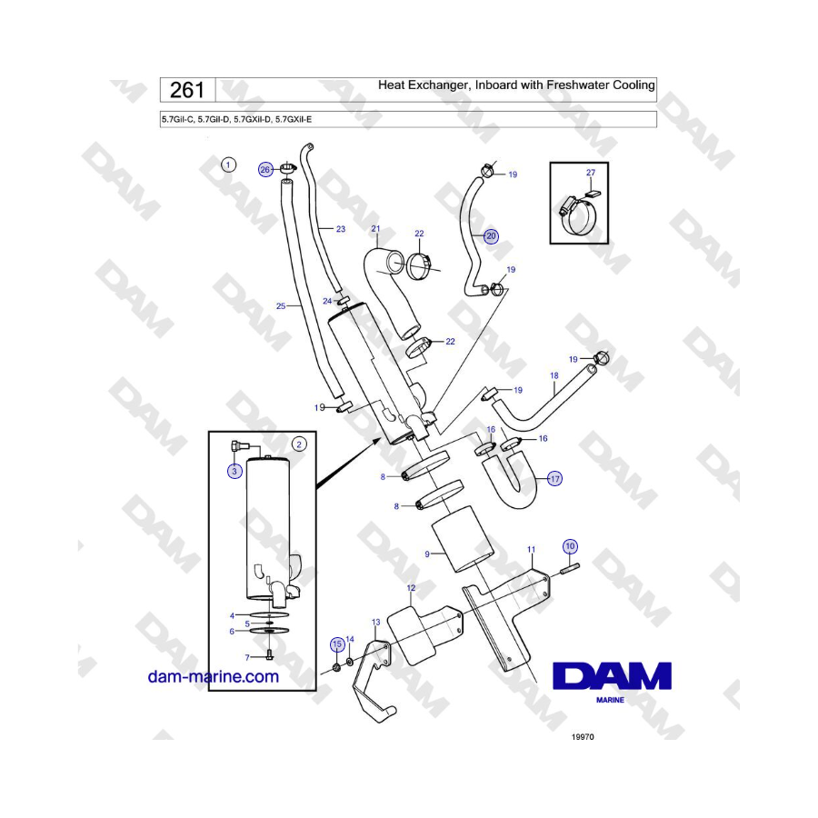Volvo Penta 5.7GiI-C, 5.7GiI-D, 5.7GXiI-D, 5.7GXiI-E - Intercambiador de calor interno con refrigeración por agua dulce