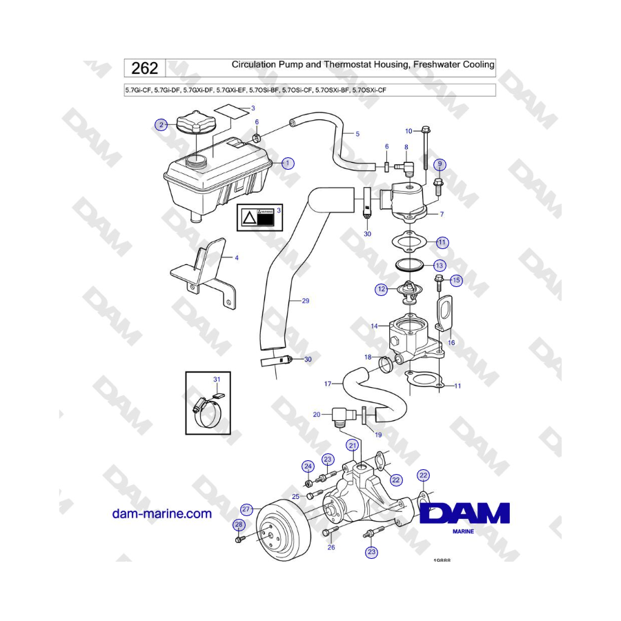 Volvo Penta 5.7Gi-CF, 5.7Gi-DF, 5.7GXi-DF, 5.7GXi-EF - Bomba de circulación y carcasa del termostato, refrigeración por agua dul