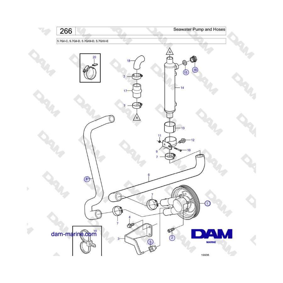 Volvo Penta 5.7GiI-C, 5.7GiI-D, 5.7GXiI-D, 5.7GXiI-E - Bomba de agua de mar y mangueras 