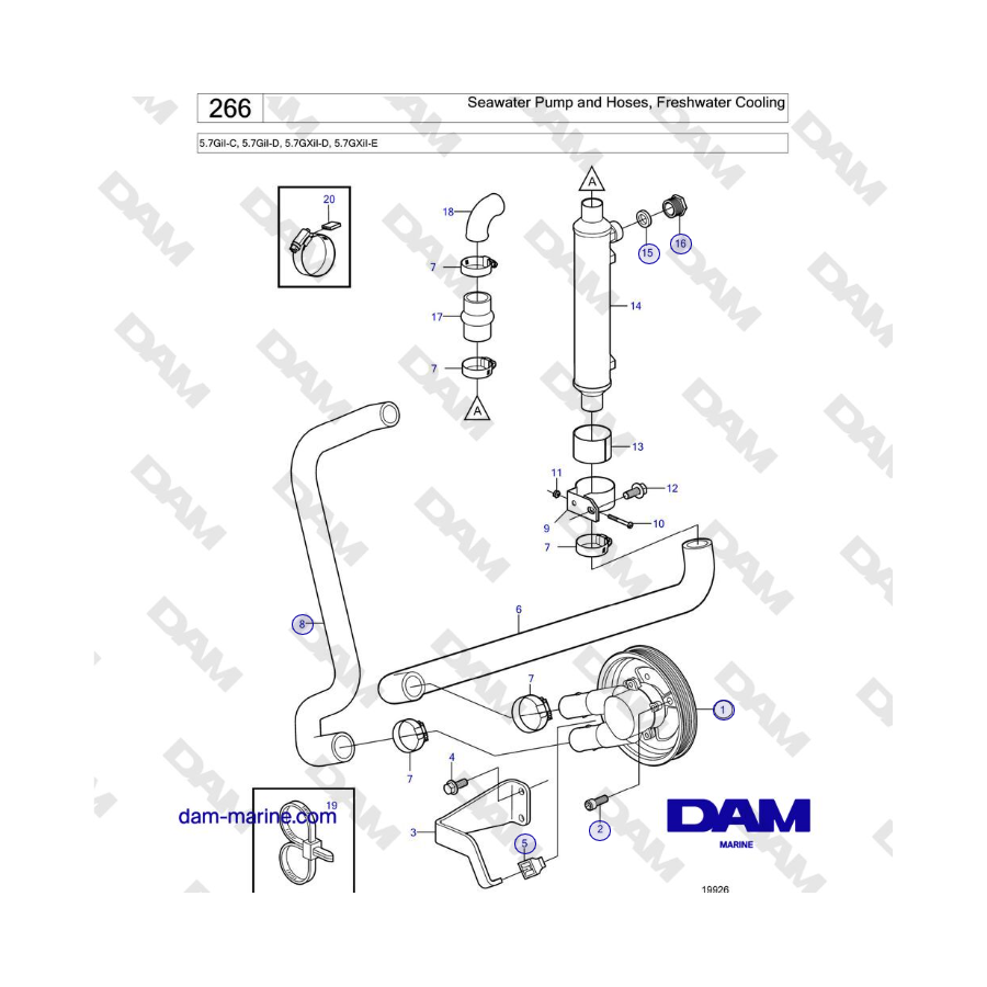 Volvo Penta 5.7GiI-C, 5.7GiI-D, 5.7GXiI-D, 5.7GXiI-E - Pompa acqua di mare e tubi flessibili, raffreddamento ad acqua dolce 