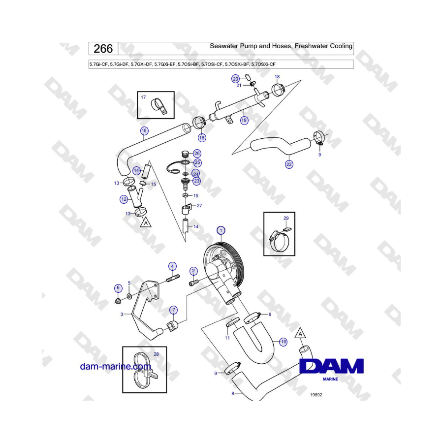 Volvo Penta 5.7Gi-CF, 5.7Gi-DF, 5.7GXi-DF, 5.7GXi-EF - Seawater Pump and Hoses, Freshwater Cooling