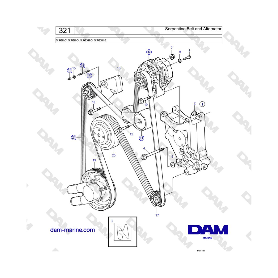 Volvo Penta 5.7GiI-C, 5.7GiI-D, 5.7GXiI-D, 5.7GXiI-E - Correa serpentina y alternador