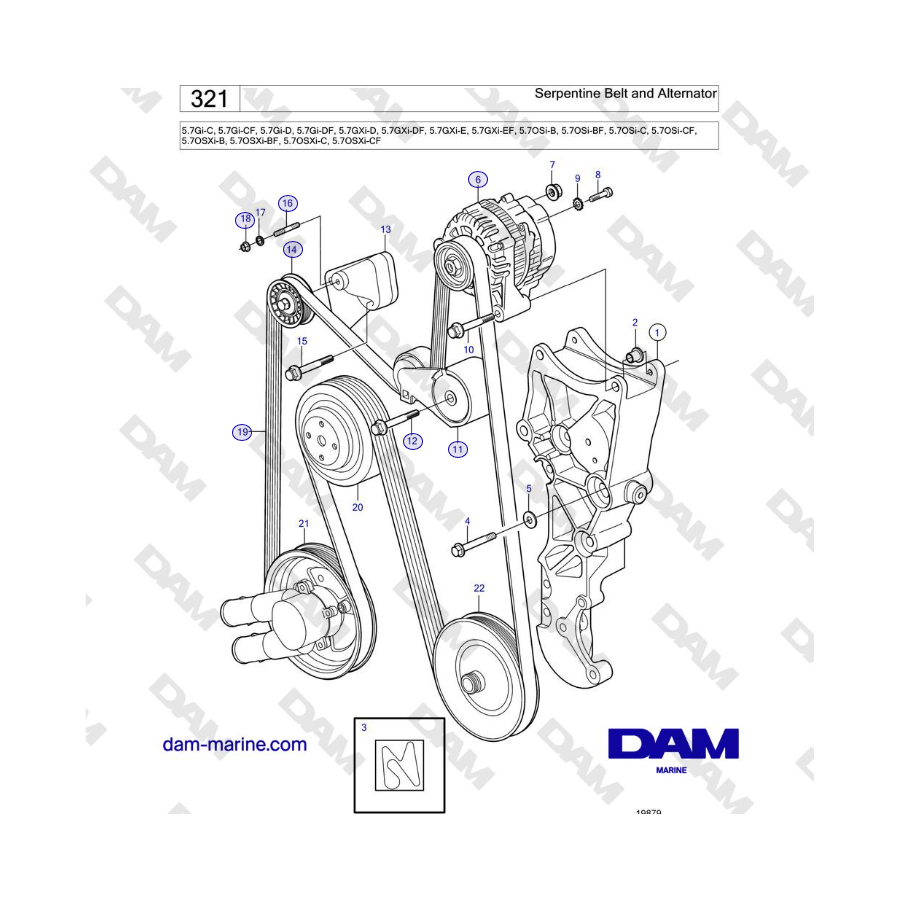 Volvo Penta 5.7Gi-C, 5.7Gi-CF, 5.7Gi-D, 5.7Gi-DF, 5.7GXi-D, 5.7GXi-DF, 5.7GXi-E - Cinghia serpentina e alternatore