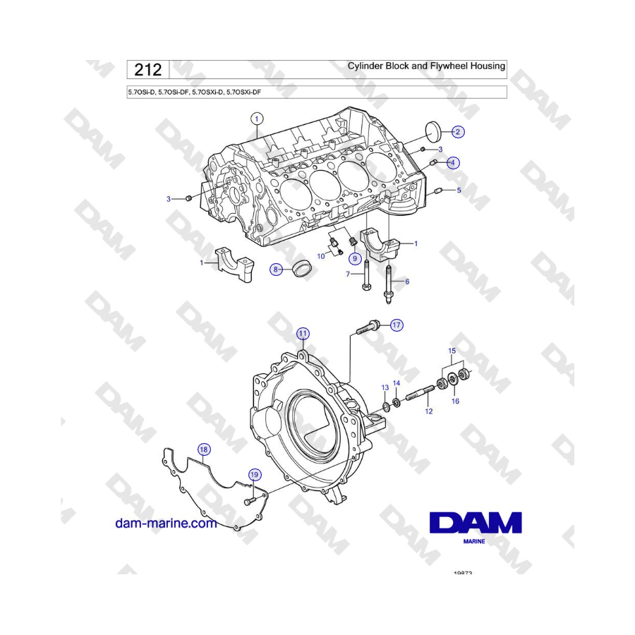 Volvo Penta 5.7OSi-D, 5.7OSi-DF, 5.7OSXi-D, 5.7OSXi-DF - Bloque de cilindros y carcasa del volante