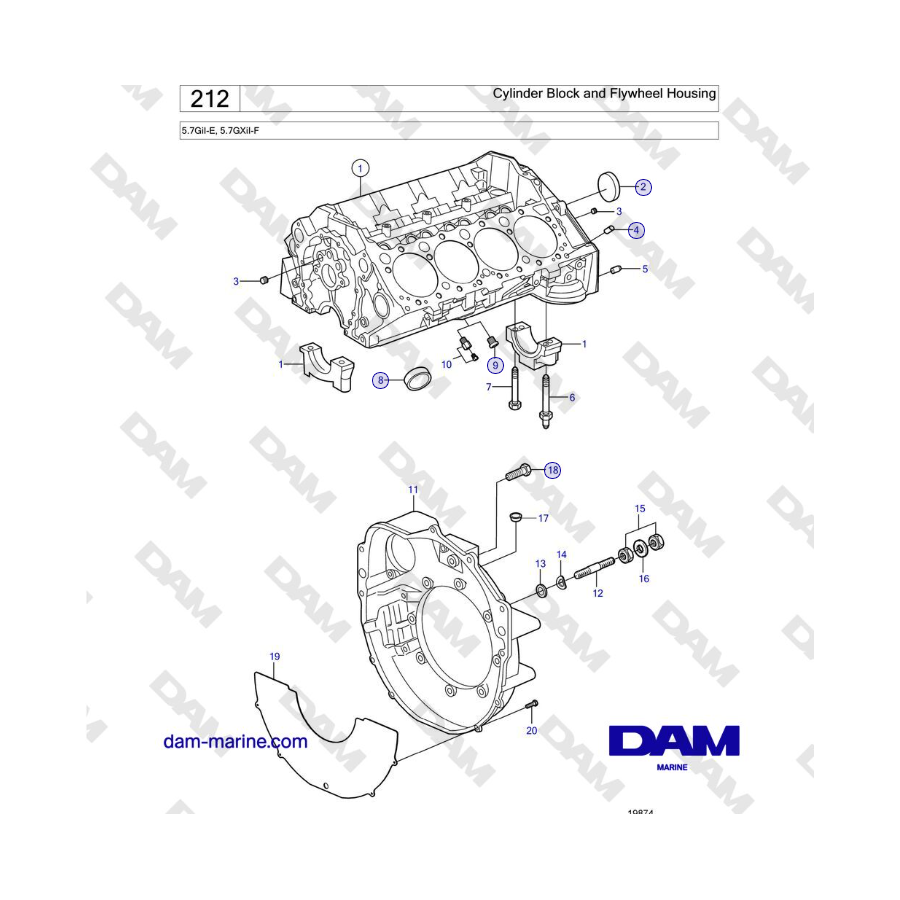 Volvo Penta 5.7GiI-E, 5.7GXiI-F - Bloque de cilindros y carcasa del volante