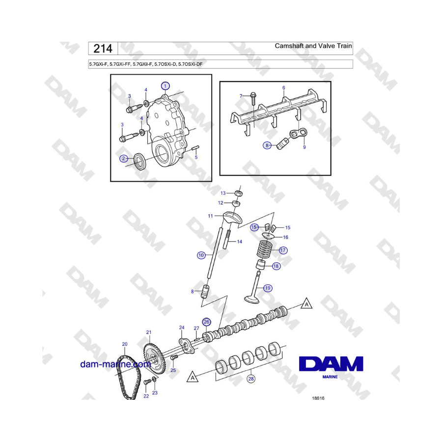 Volvo Penta 5.7GXi-F, 5.7GXi-FF, 5.7GXiI-F, 5.7OSXi-D, 5.7OSXi-DF - Árbol de levas y tren de válvulas