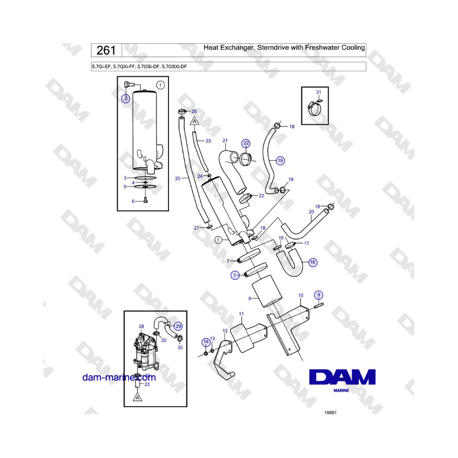 Volvo Penta 5.7Gi-EF, 5.7GXi-FF, 5.7OSi-DF, 5.7OSXi-DF - Intercambiador de calor, motor de cola con refrigeración por agua dulce