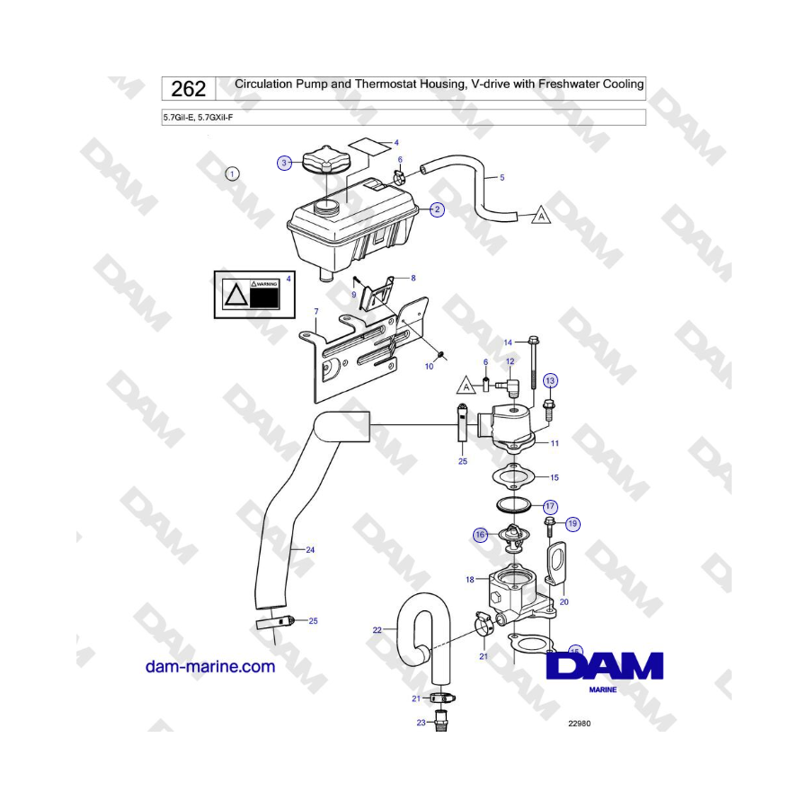 Volvo Penta 5.7GiI-E, 5.7GXiI-F - Circulation Pump and Thermostat Housing, V-drive with Freshwater Cooling 
