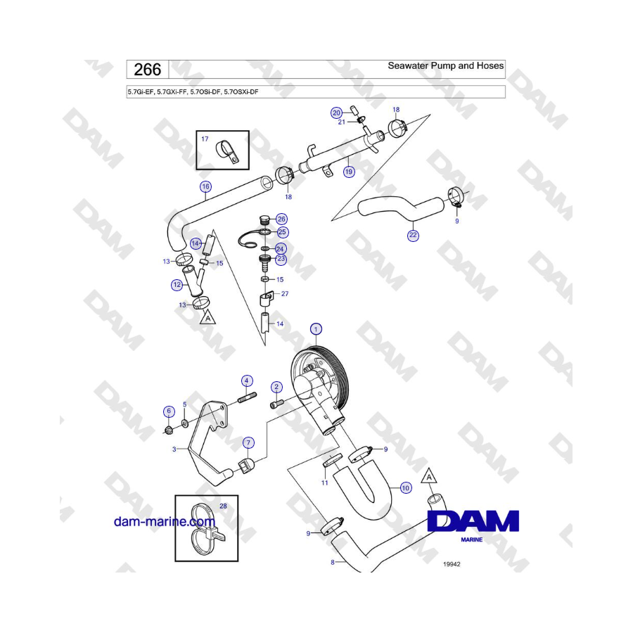 Volvo Penta 5.7Gi-EF, 5.7GXi-FF, 5.7OSi-DF, 5.7OSXi-DF - Seawater Pump and Hoses