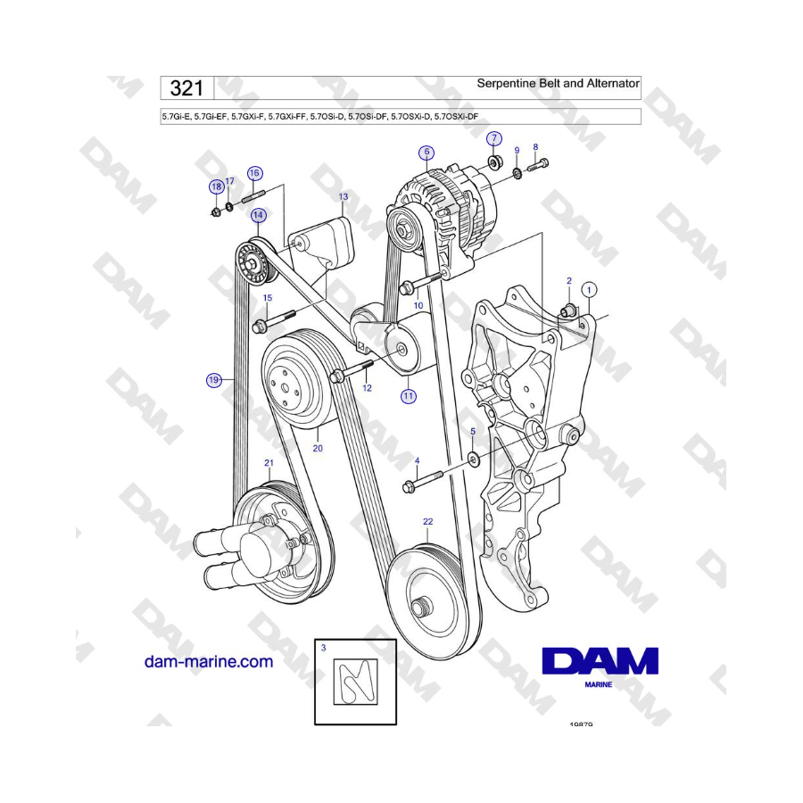 Volvo Penta 5.7Gi-E, 5.7Gi-EF, 5.7GXi-F, 5.7GXi-FF - Serpentine Belt and Alternator