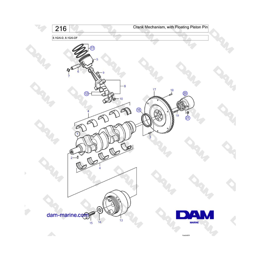 Volvo Penta 8.1GXi-D, 8.1GXi-DF - Crank Mechanism, with Floating Piston Pin