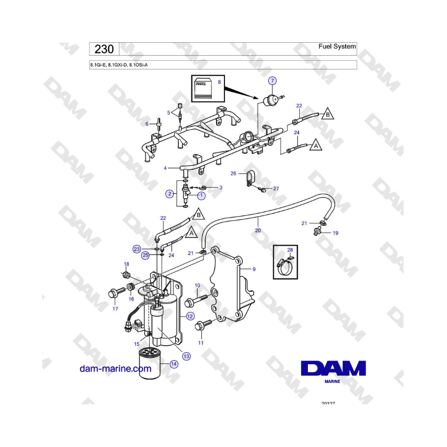 Volvo Penta 8.1Gi-E, 8.1GXi-D, 8.1OSi-A - Sistema de combustible