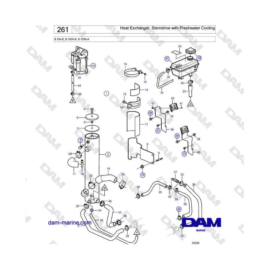 Volvo Penta 8.1Gi-E, 8.1GXi-D, 8.1OSi-A - Scambiatore di calore, motore entrofuoribordo con raffreddamento ad acqua dolce 