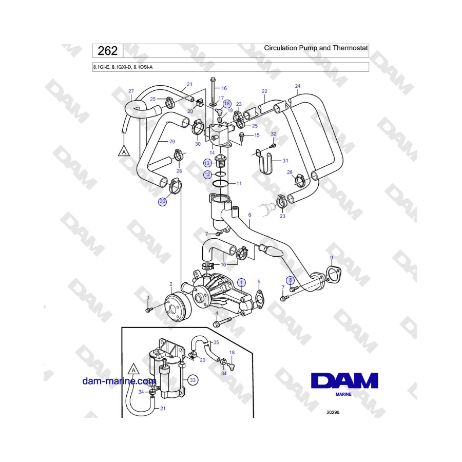 Volvo Penta 8.1Gi-E, 8.1GXi-D, 8.1OSi-A - Bomba de circulación y termostato
