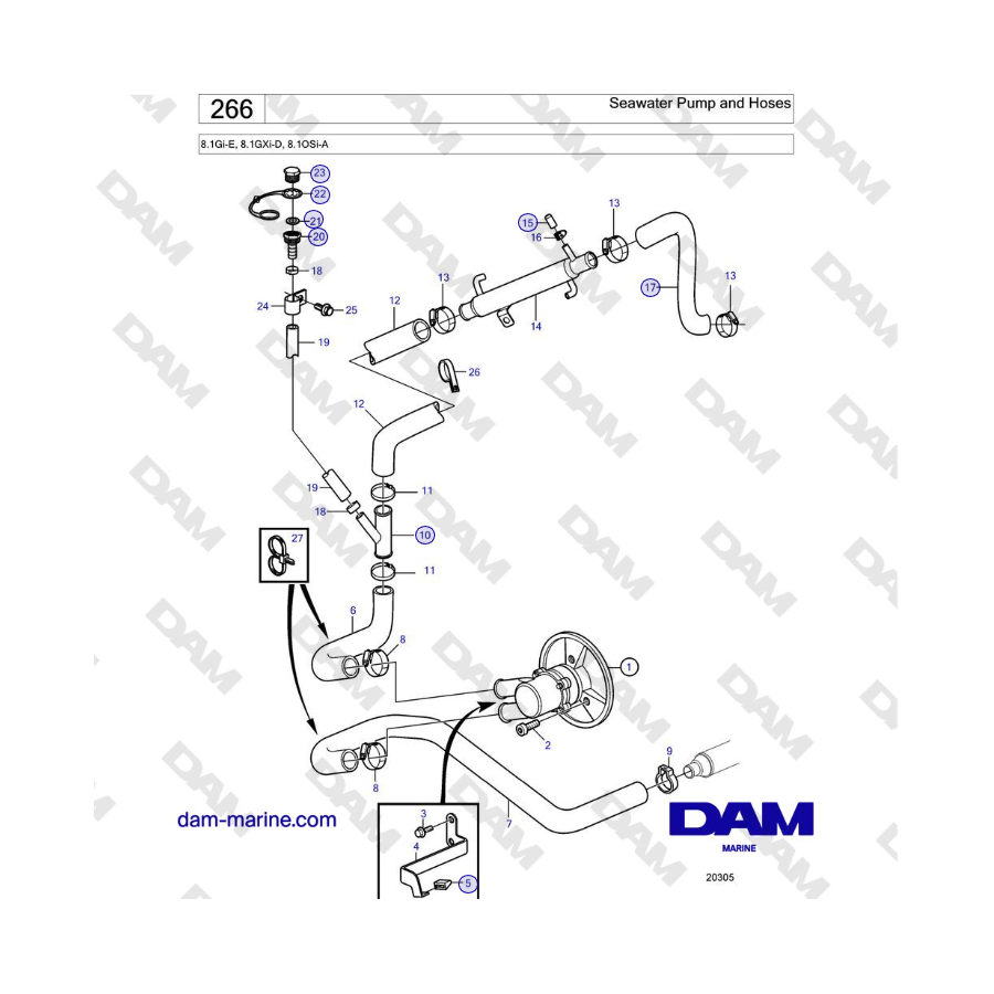 Volvo Penta 8.1Gi-E, 8.1GXi-D, 8.1OSi-A - Seawater Pump and Hoses