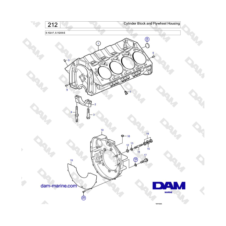 Volvo Penta 8.1GiI-F, 8.1GXiI-E - Blocco cilindri e alloggiamento volano