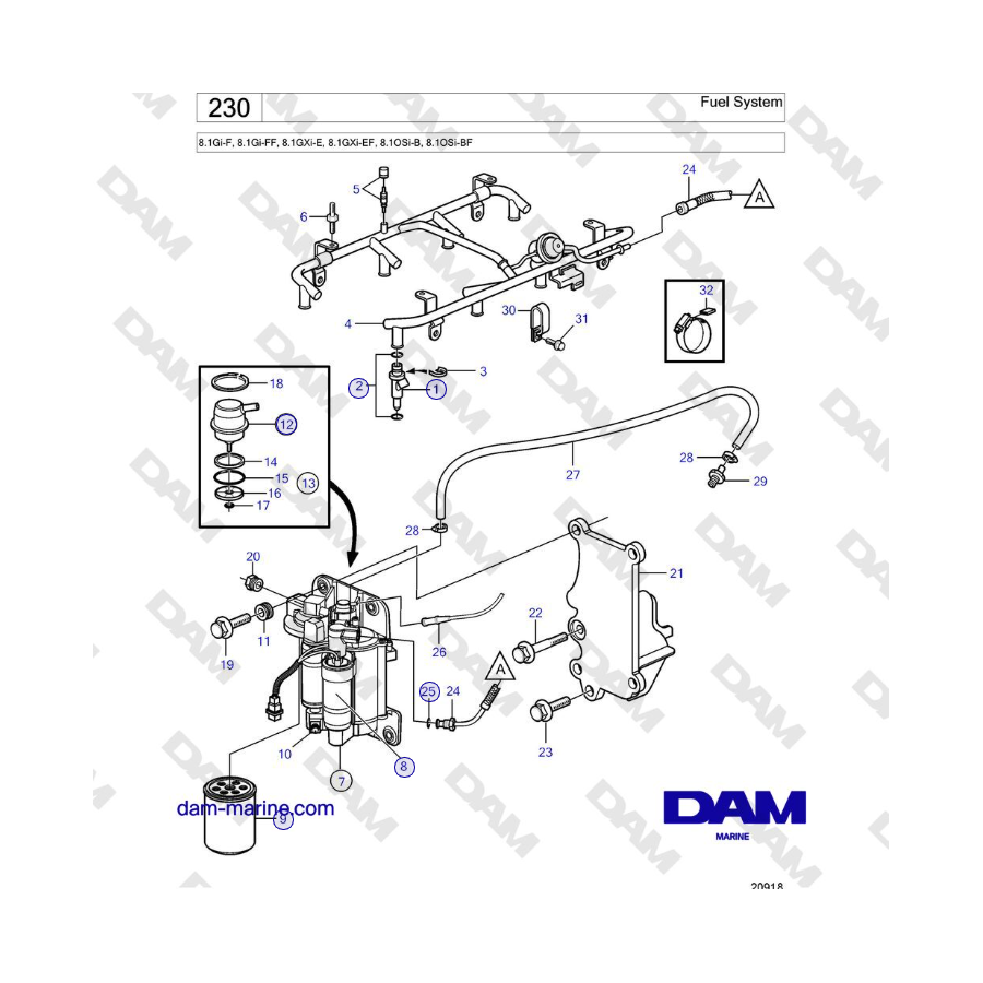 Volvo Penta 8.1Gi-F, 8.1Gi-FF, 8.1GXi-E, 8.1GXi-EF, 8.1OSi-B, 8.1OSi-BF - Sistema di alimentazione