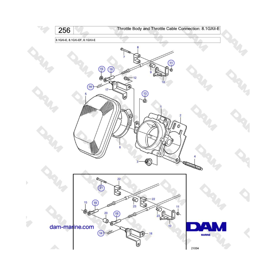 Volvo Penta 8.1GXi-E, 8.1GXi-EF, 8.1GXiI-E - Collegamento corpo farfallato e cavo acceleratore: 8.1GXiI-E 