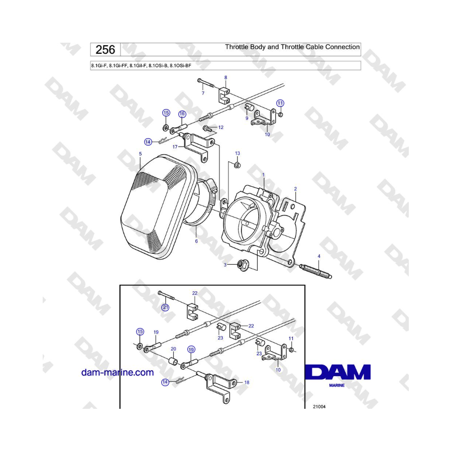 Volvo Penta 8.1Gi-F, 8.1Gi-FF, 8.1GiI-F, 8.1OSi-B, 8.1OSi-BF - Throttle Body and Throttle Cable Connection