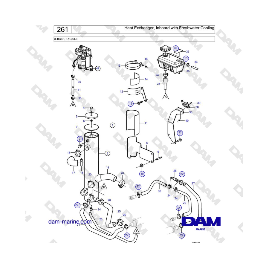 Volvo Penta 8.1GiI-F, 8.1GXiI-E - Heat Exchanger, Inboard with Freshwater Cooling