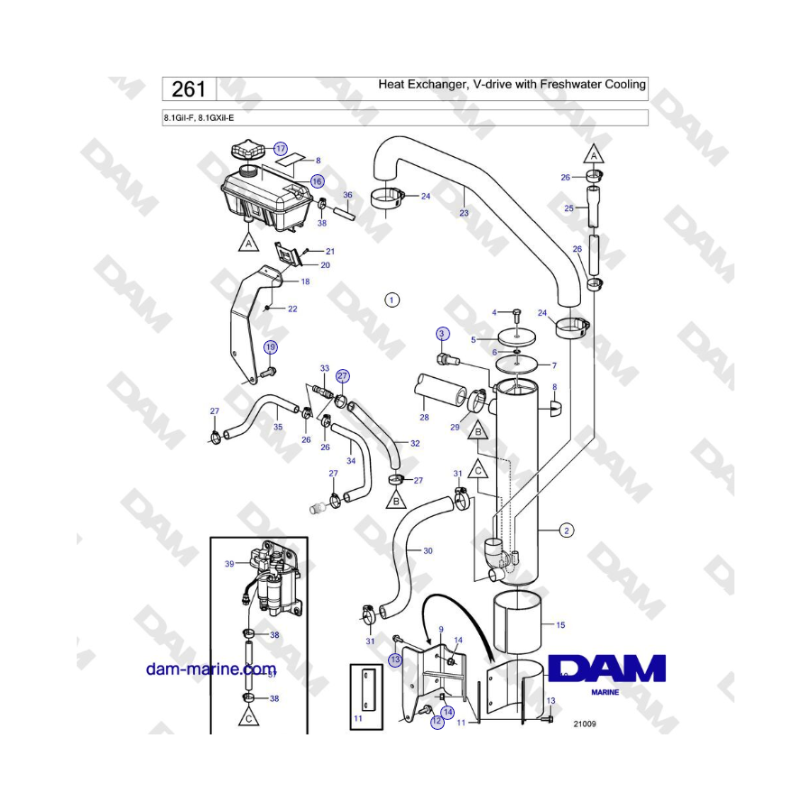 Volvo Penta 8.1GiI-F, 8.1GXiI-E - Heat Exchanger, V-drive with Freshwater Cooling