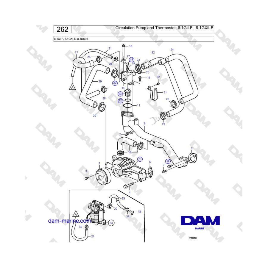 Volvo Penta 8.1Gi-F, 8.1GXi-E, 8.1OSi-B - Bomba de circulación y termostato: 8.1GiI-F