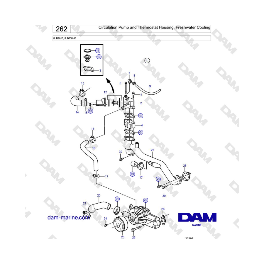 Volvo Penta 8.1GiI-F, 8.1GXiI-E - Pompa di circolazione e alloggiamento termostato, raffreddamento ad acqua dolce
