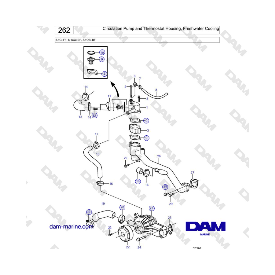 Volvo Penta 8.1Gi-FF, 8.1GXi-EF, 8.1OSi-BF - Circulation Pump and Thermostat Housing, Freshwater Cooling