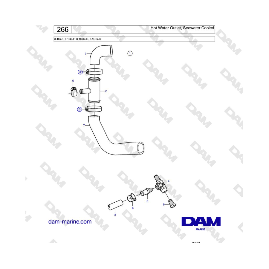 Volvo Penta 8.1Gi-F, 8.1GiI-F, 8.1GXiI-E, 8.1OSi-B - Salida de agua caliente, refrigerado por agua de mar