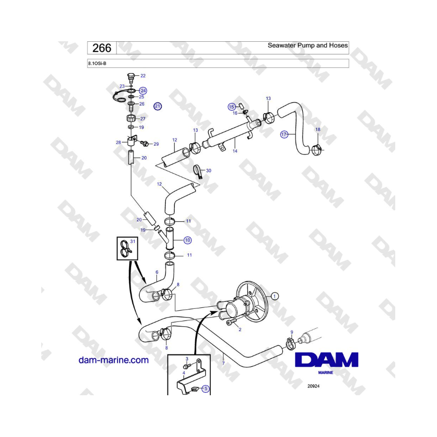 Volvo Penta 8.1OSi-B - Bomba de agua de mar y mangueras
